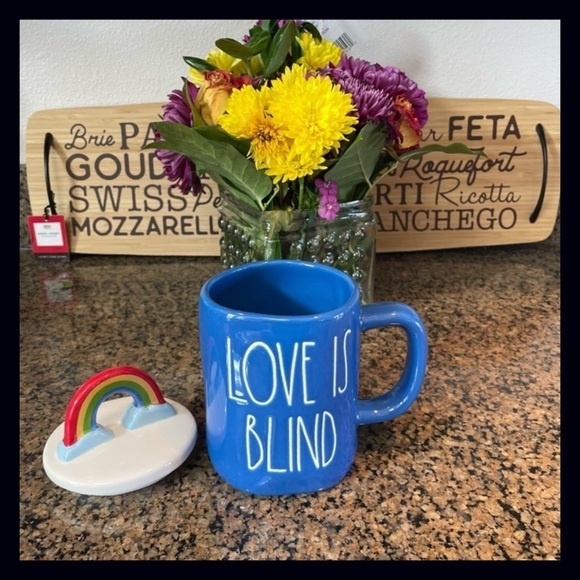 Rae Dunn LOVE IS BLIND Blue Ceramic Mug With Rainbow Figural Topper Pride 2021 - Picture 3 of 9